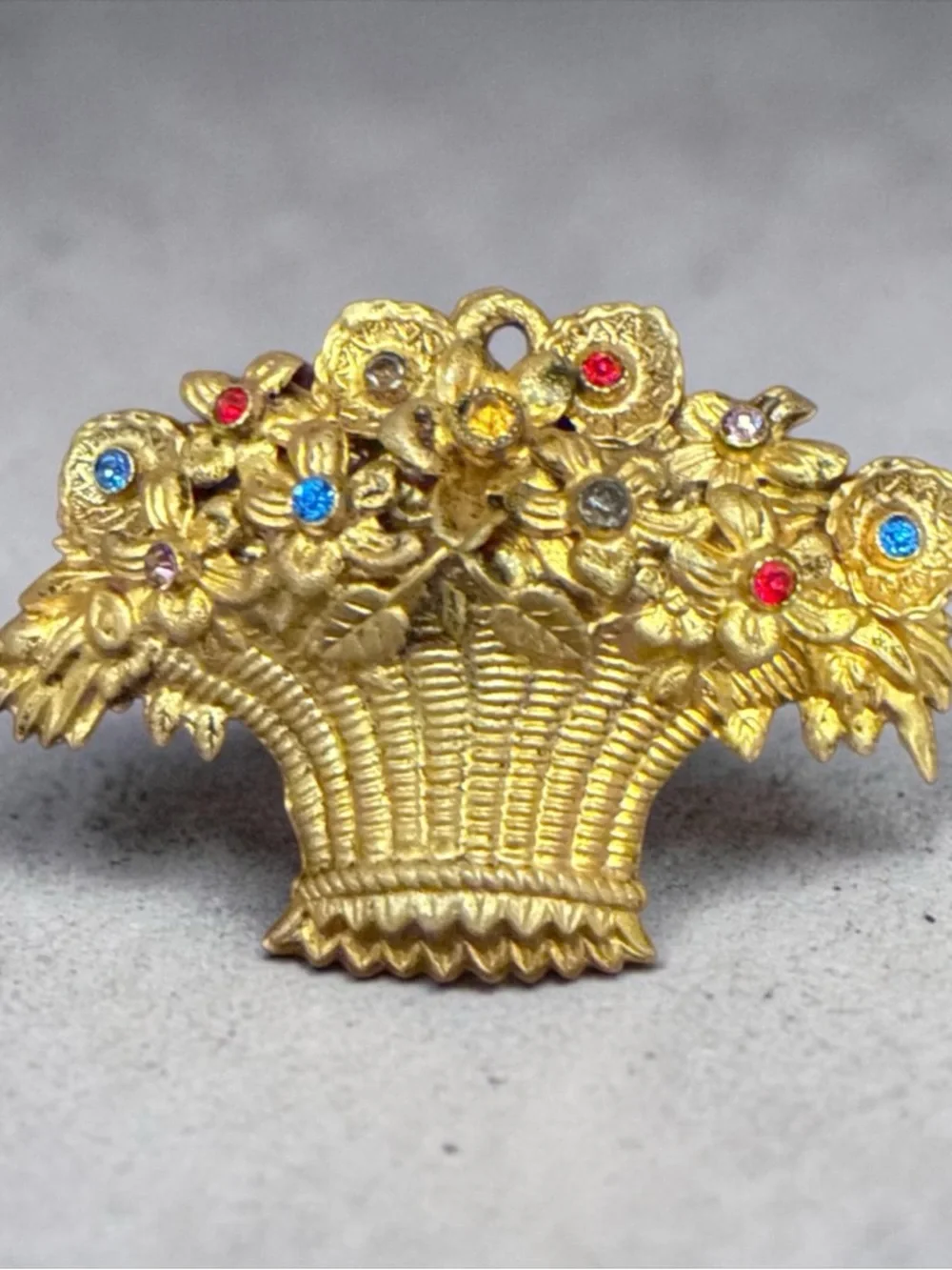 Vintage Gold Tone Flower Basket Brooch Multicolor Rhinestones Boho